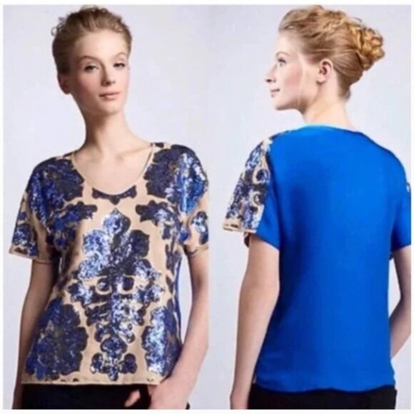 Tracy Reese x Neiman Marcus Blue Sequin Short Sleeve Blouse Top XXL - Picture 11 of 11